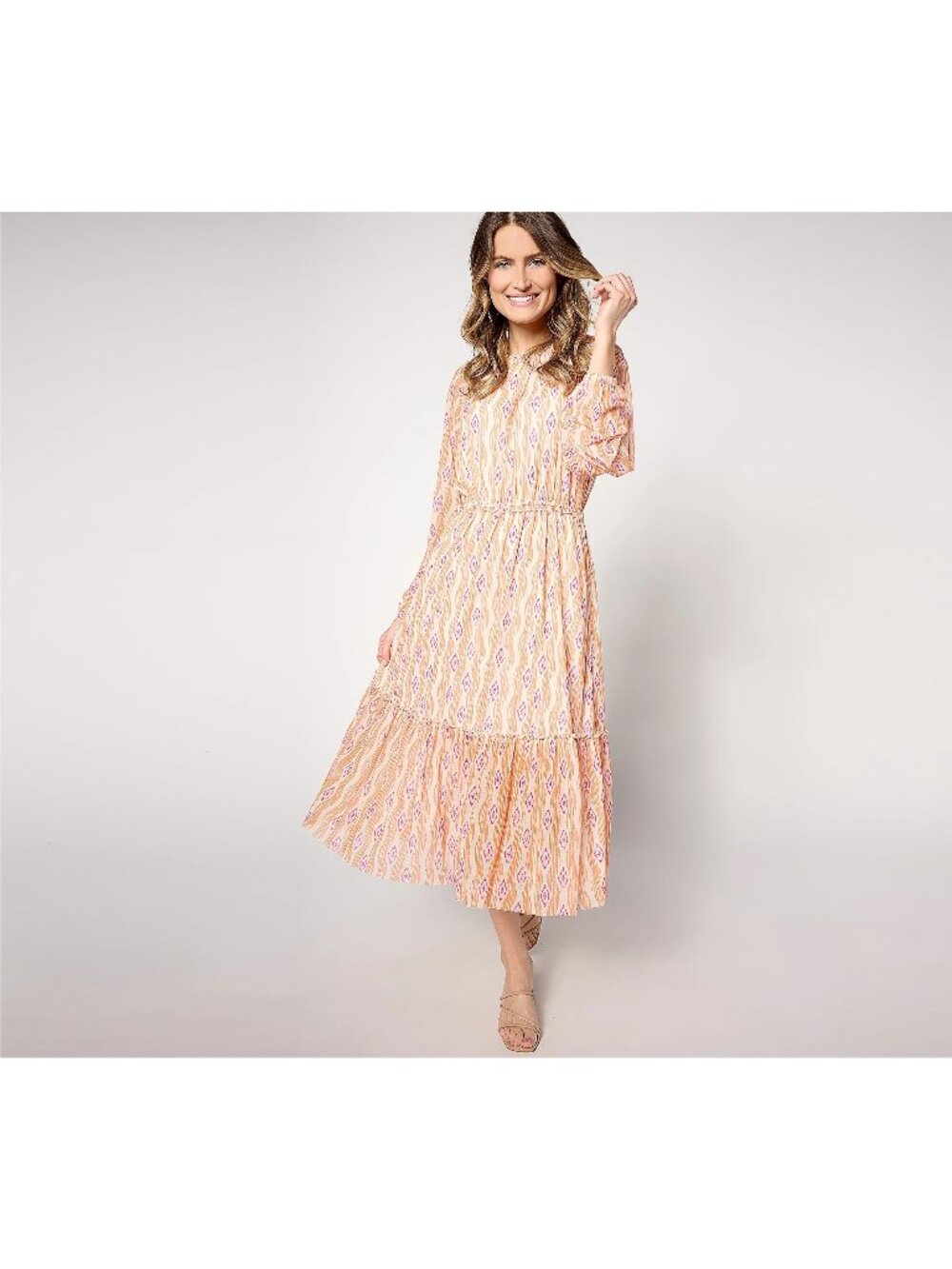 Denim and Co Dress 1X Canyon Retreat Printed Mesh Ruffle Detail Midi NEW